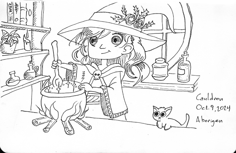 Cutesy drawing of a little girl witch stirring a cauldron with a huge spoon. There's a shelf of potions on her left and a black kitten on her right.