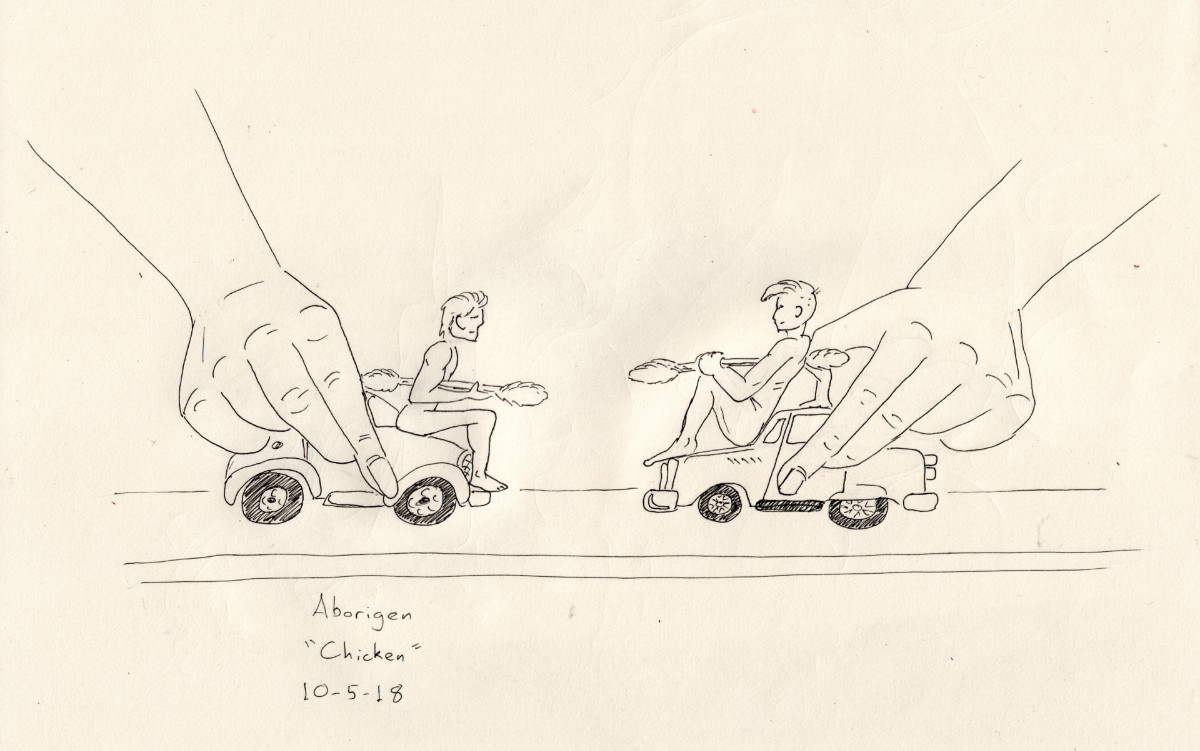 Two giant female hands hold two toy cars facing each other. Upon them sit two tiny naked men holding Q-Tips in a jousting position.