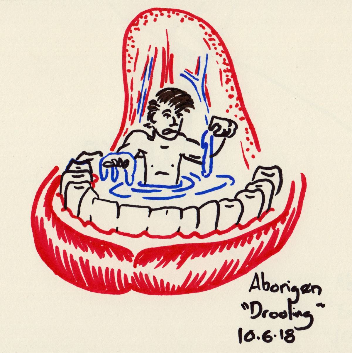 A naked man sits in a gigantic woman's mouth, in a pool of saliva underneath her tongue.