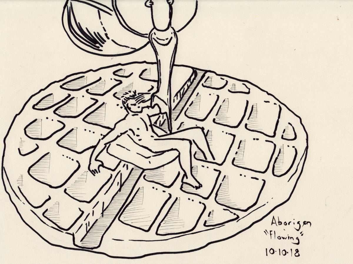 A tiny nude man lies on a pat of butter in the center of a waffle. A huge syrup dispenser pours maple syrup over his body.