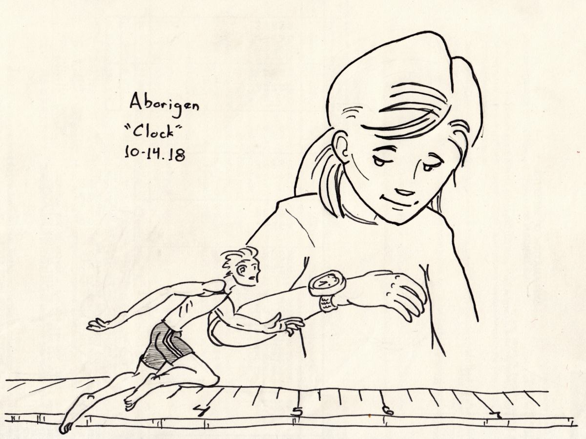 A young woman tracks the timing on her watch, smiling at a tiny man in athletic gear who is sprinting past a standard ruler.