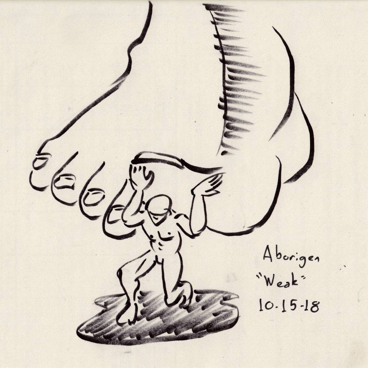 A tiny naked man struggles to lift the big toe of a huge foot coming down on him.