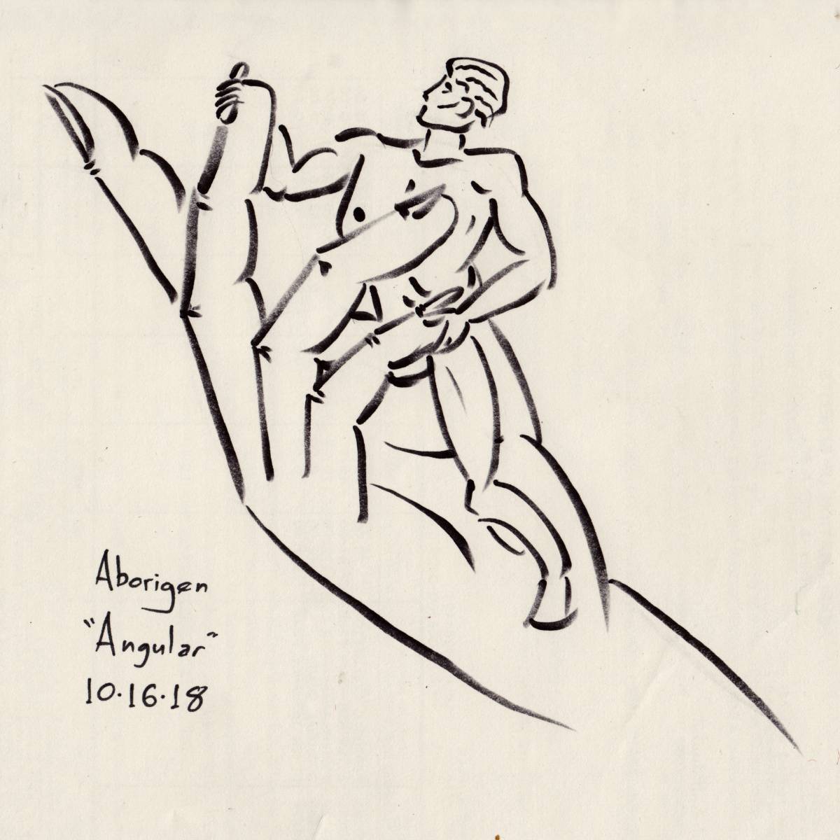 A woman's hand reaches out gracefully. A tiny naked man poses heroically within her grasp.