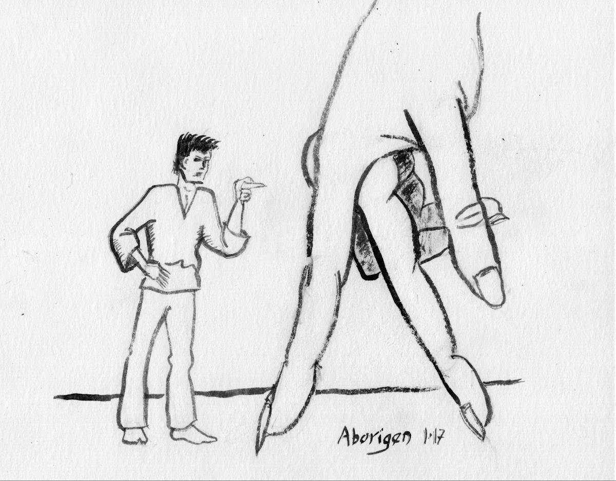 A tiny man argues with a giant woman's hand. Her index and middle fingers are extended to emulate a tiny person walking toward him.