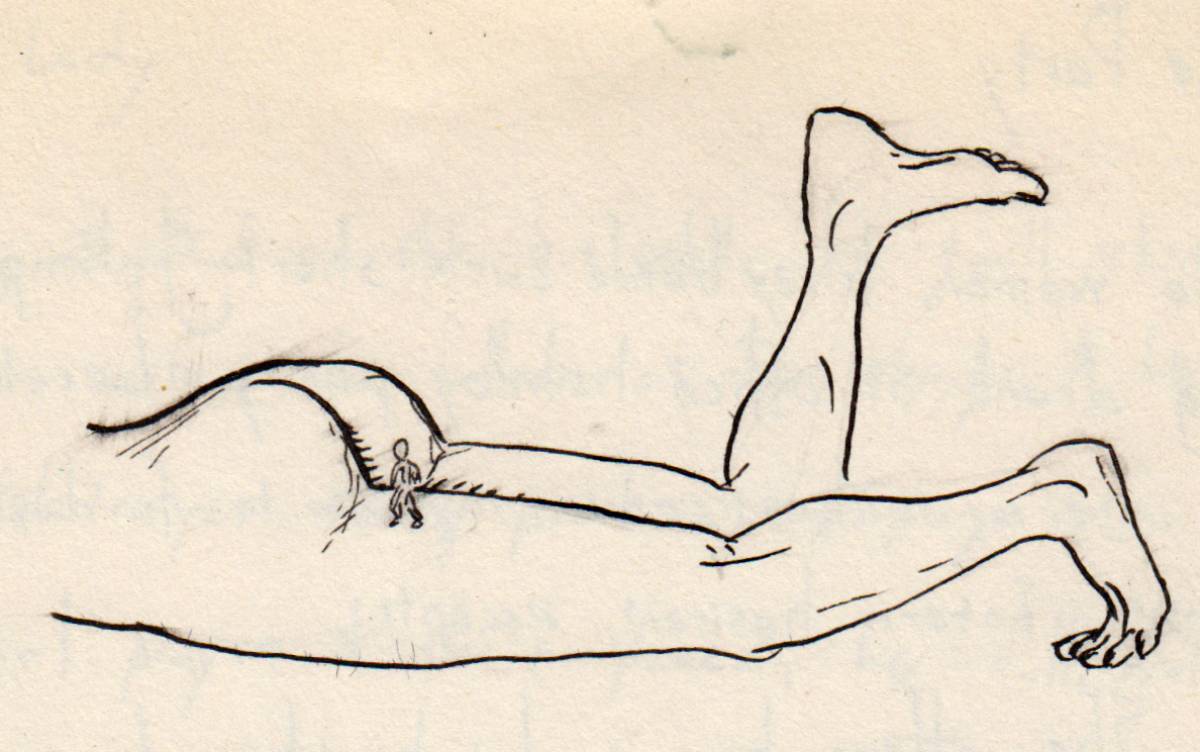 A nude woman from the hips down, lying on her front, one shin raised. A tiny man walks up the back of her thigh, approaching her buttock.