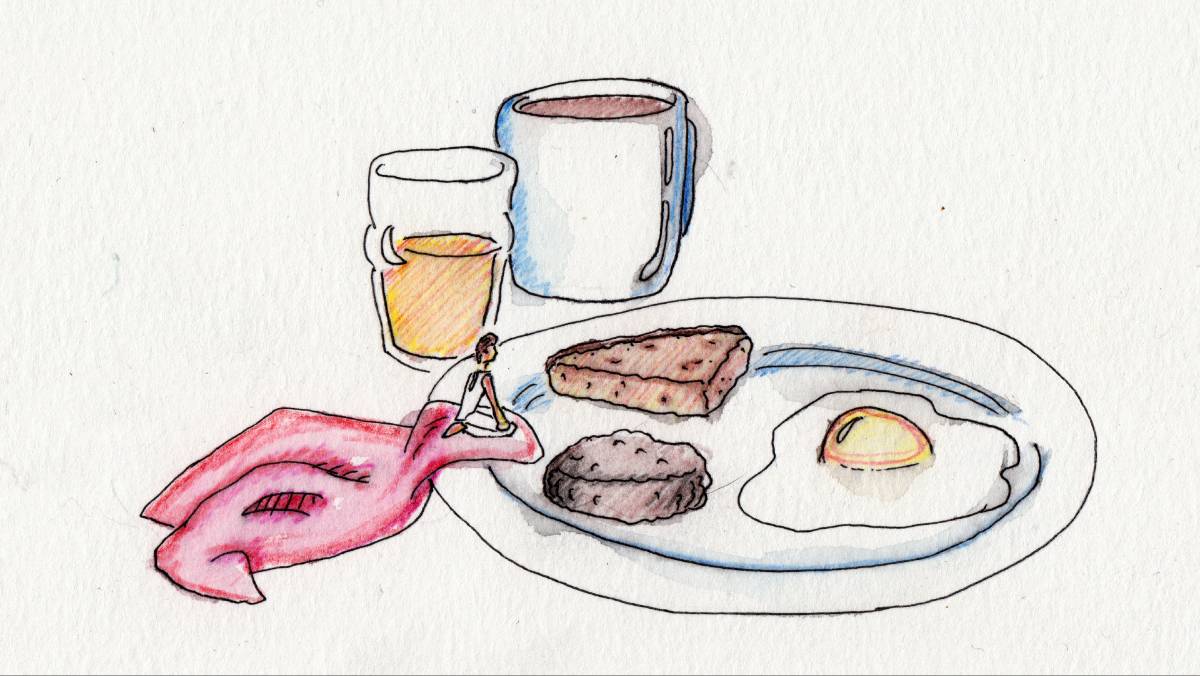 A tiny man sits on the edge of a huge plate holding a puck of sausage, a triangle of hash browns, and a sunny-side up egg. Behind him are a mug of coffee and a glass of orange juice.