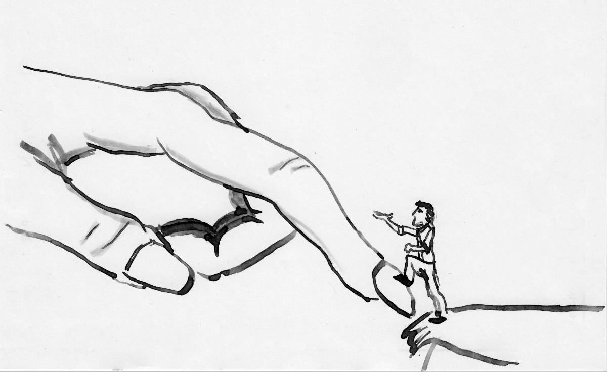 A gigantic woman's hand extends one finger to the edge of a cliff, where a tiny man steps forward onto her fingernail.