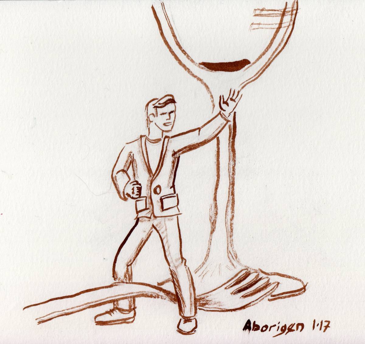 A tiny man in a suit steps over a huge fork, waving to an unseen person. Behind him, a huge wine glass looms.