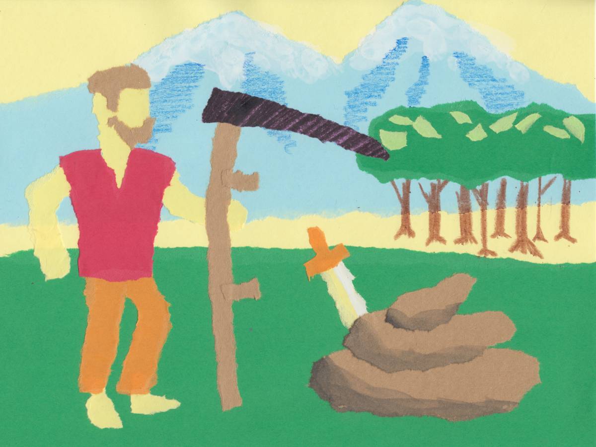 Construction paper illustration of a farmer standing by a huge pile of shit, out of which a sword protrudes. Behind him is a forest and some mountains.