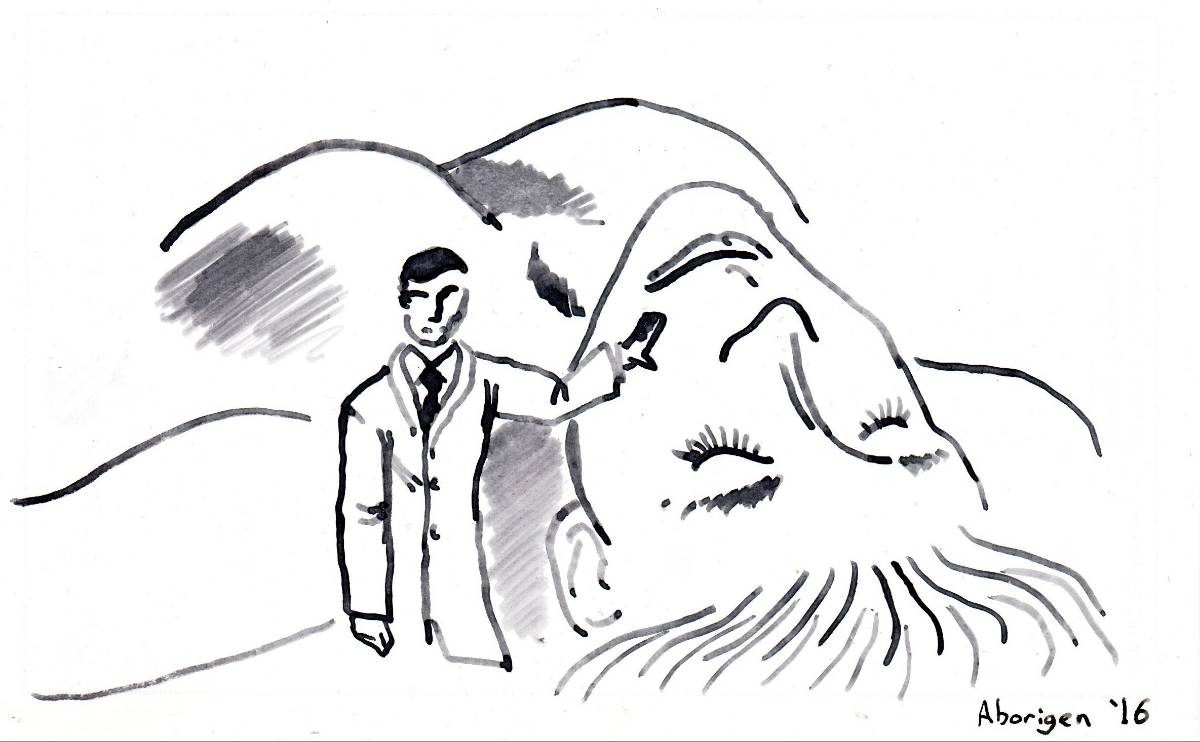 A scientist stands beside the head of a sleeping giantess, his hand resting possessively upon her cheekbone.