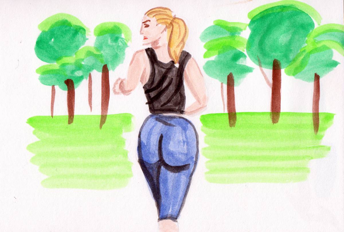 Crude watercolor of the rear view of a woman jogging. She has a large ass, and she's looking indignantly over her shoulder.