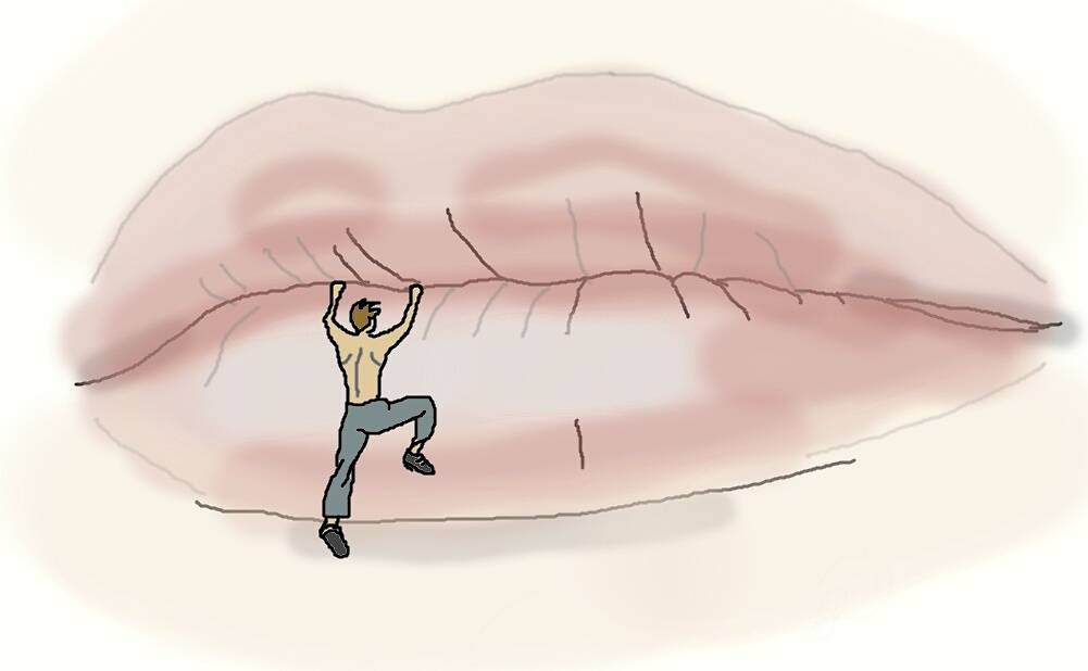 A tiny man climbs over the fat bottom lip of a giantess's mouth.