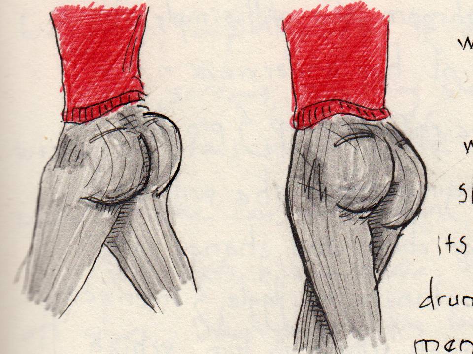 Two color sketches of a woman wearing a red sweater, with two large round buttocks packed into tight black slacks.