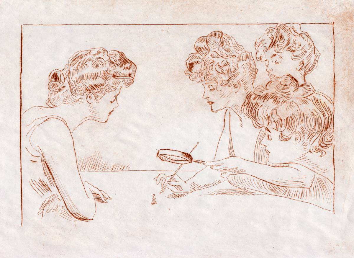 Three Victorian women observe as a fourth prods at a tiny little man with a knitting needle, using a magnifying glass.