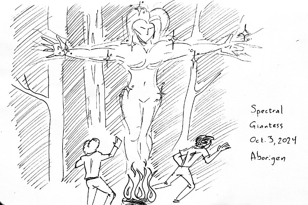 Drawing of a ghostly, ethereal giantess rising from a campfire, spreading her arms, as two little men scurry away.