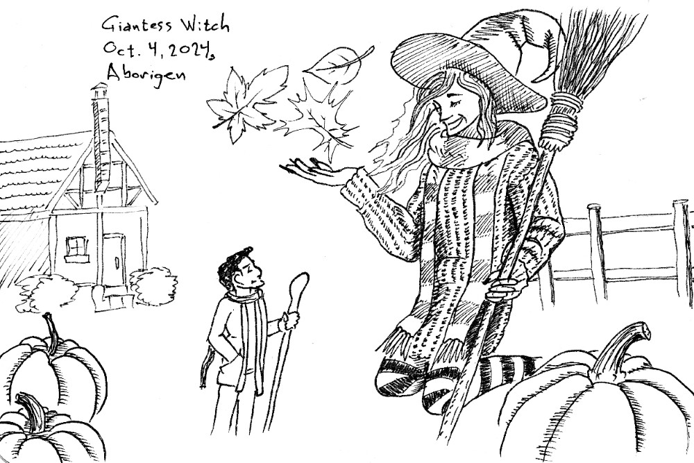 Drawing of a man in jacket and scarf chatting with a giantess. The giantess is kneeling nearby, looming over him, dressed in a bulky sweater, striped tights, a thick scarf, and an old battered witch's hat, and she's holding a broomstick like a staff. Her other hand opens to play with huge autumn leaves in the air. There's a quaint cottage in the background, and they're surrounded by large pumpkins.