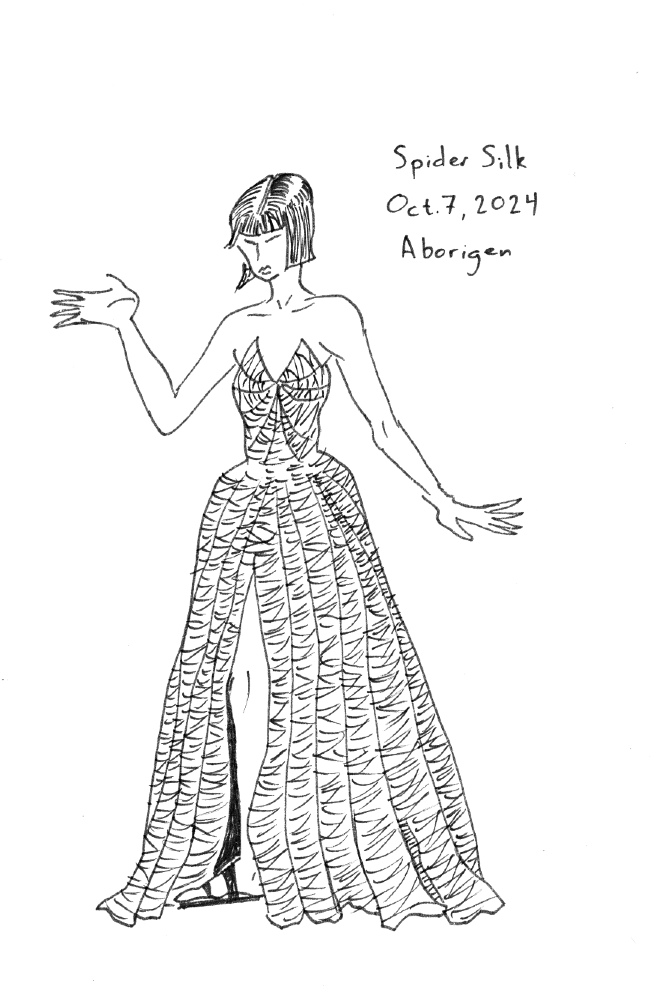 Drawing of a woman with bobbed hair wearing a ball gown with a design like spider webbing.