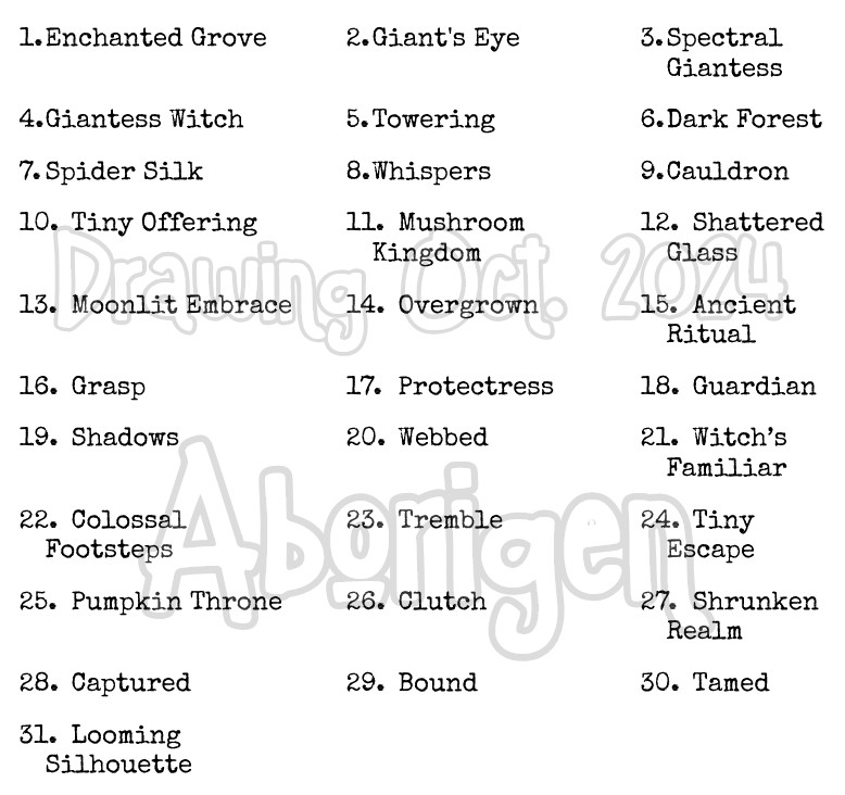 List of AI-generated prompts: 1. Enchanted Grove, 2. Giant's Eye, 3. Spectral Giantess, 4. Giantess Witch, 5. Towering, 6. Dark Forest, 7. Spider Silk, 8. Whispers, 9. Cauldron, 10. Tiny Offering, 11. Mushroom Kingdom, 12. Shattered Glass, 13. Moonlit Embrace, 14. Overgrown, 15. Ancient Ritual, 16. Grasp, 17. Protectress, 18. Guardian, 19. Shadows, 20. Webbed, 21. Witch's Familiar, 22. Colossal Footsteps, 23. Tremble, 24. Tiny Escape, 25. Pumpkin Throne, 26. Clutch, 27. Shrunken Realm, 28. Captured, 29. Bound, 30. Tamed, 31. Looming Silhouette.