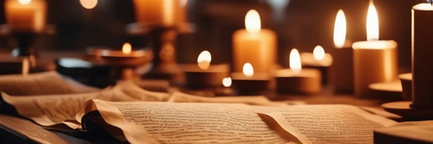 Glowing candles burn around a wooden table covered in parchment and scrolls