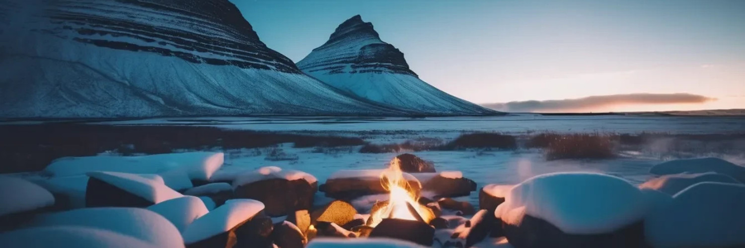 A ring of large rocks, covered in snow, sit around a blazing campfire before a backgrop of a fiery sunset and impressive mountains