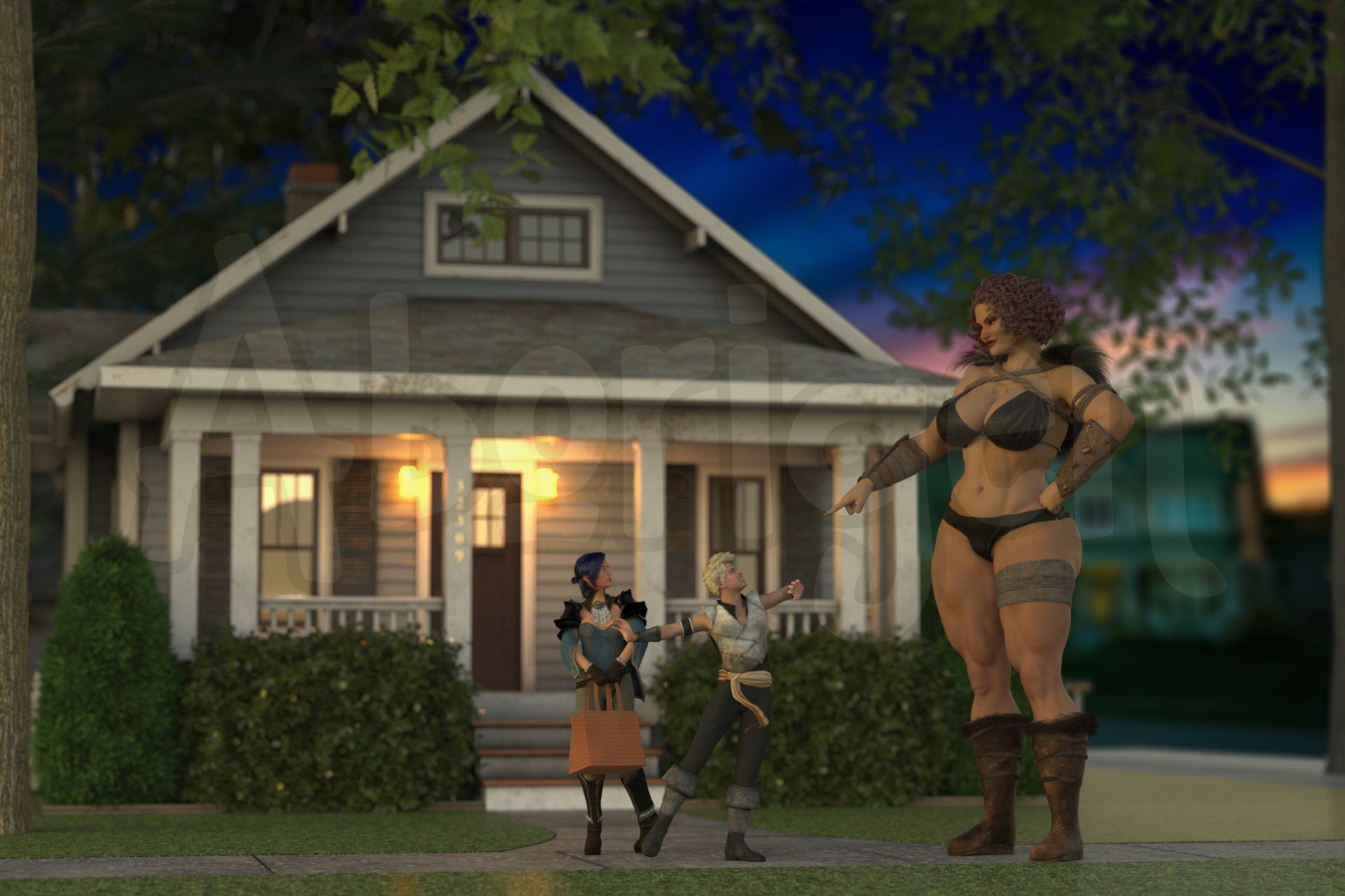 In front of a suburban home, a woman in a fantasy costume rears shyly, clutching her orange trick-or-treat bag, and a man in a warrior costume gallantly defends her from a titanic, muscular woman twice their size, dressed as a barbarian and pointing at the bag she wants.