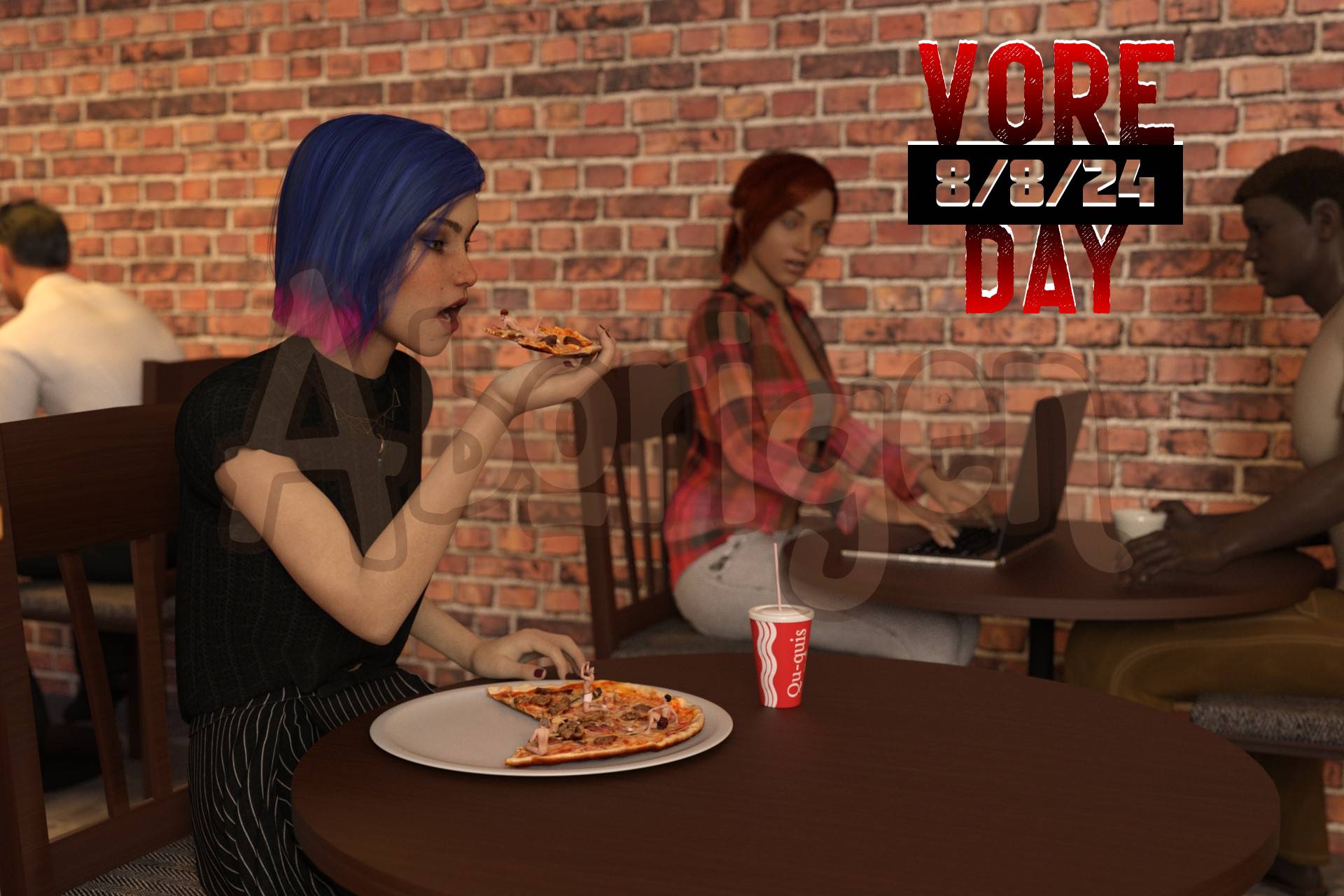 A young woman eats a pizza in a cafe. There are several tiny semi-nude men resting on the pizza slices, waiting to be eaten. Behind her, a woman on a laptop looks curiously at what the young woman's doing.