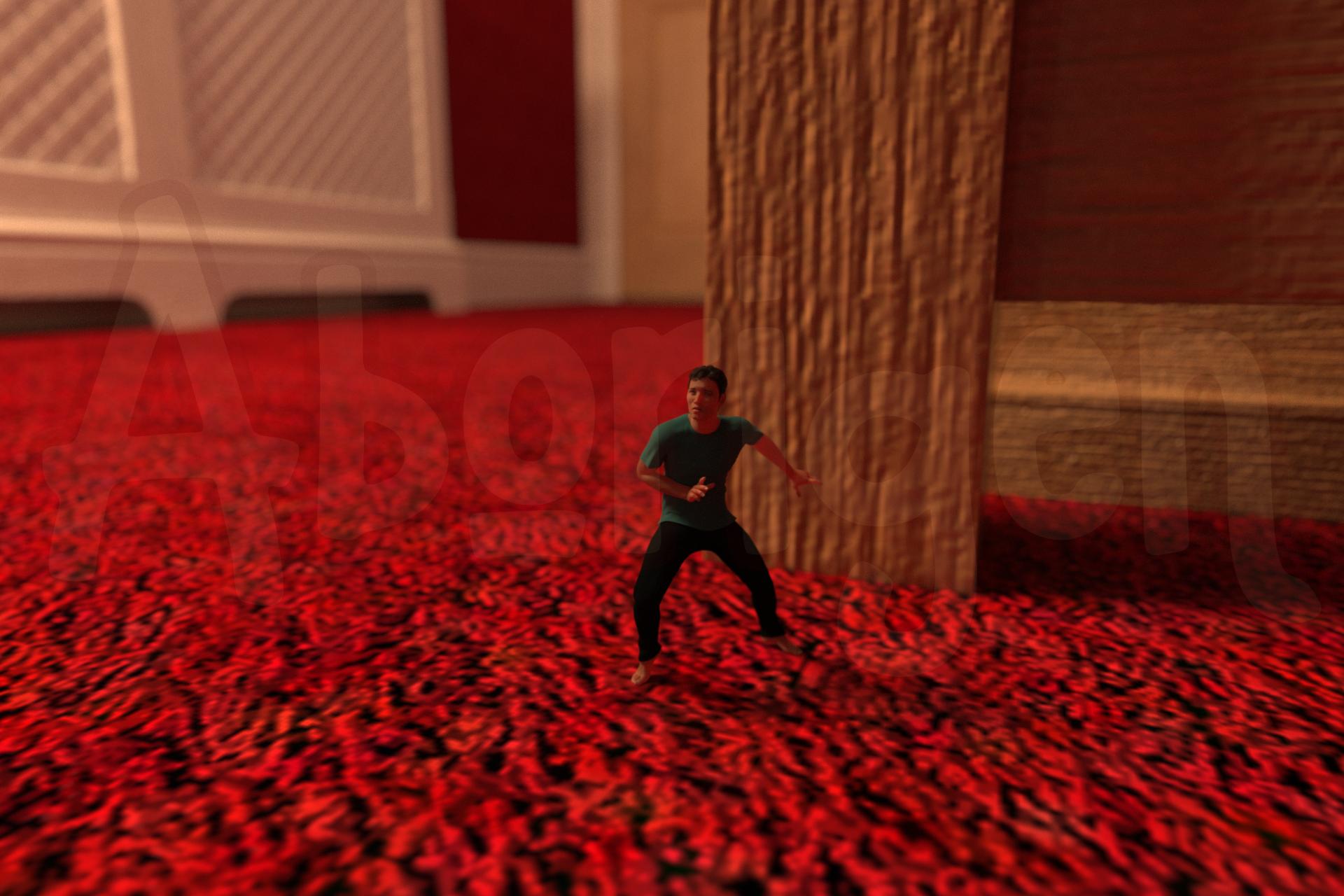 A tiny man in a blue T-shirt and black jeans, barefoot, crouches cautiously upon the carpeted floor of a gigantic bedroom.