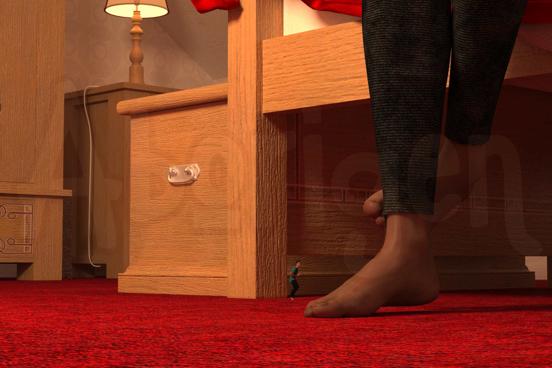 The tiny man is sneaking from underneath a bed frame to approach a woman's bare feet. All we see of her is her legs reaching from over the edge of the bed, one foot tucked cutely behind the other ankle.