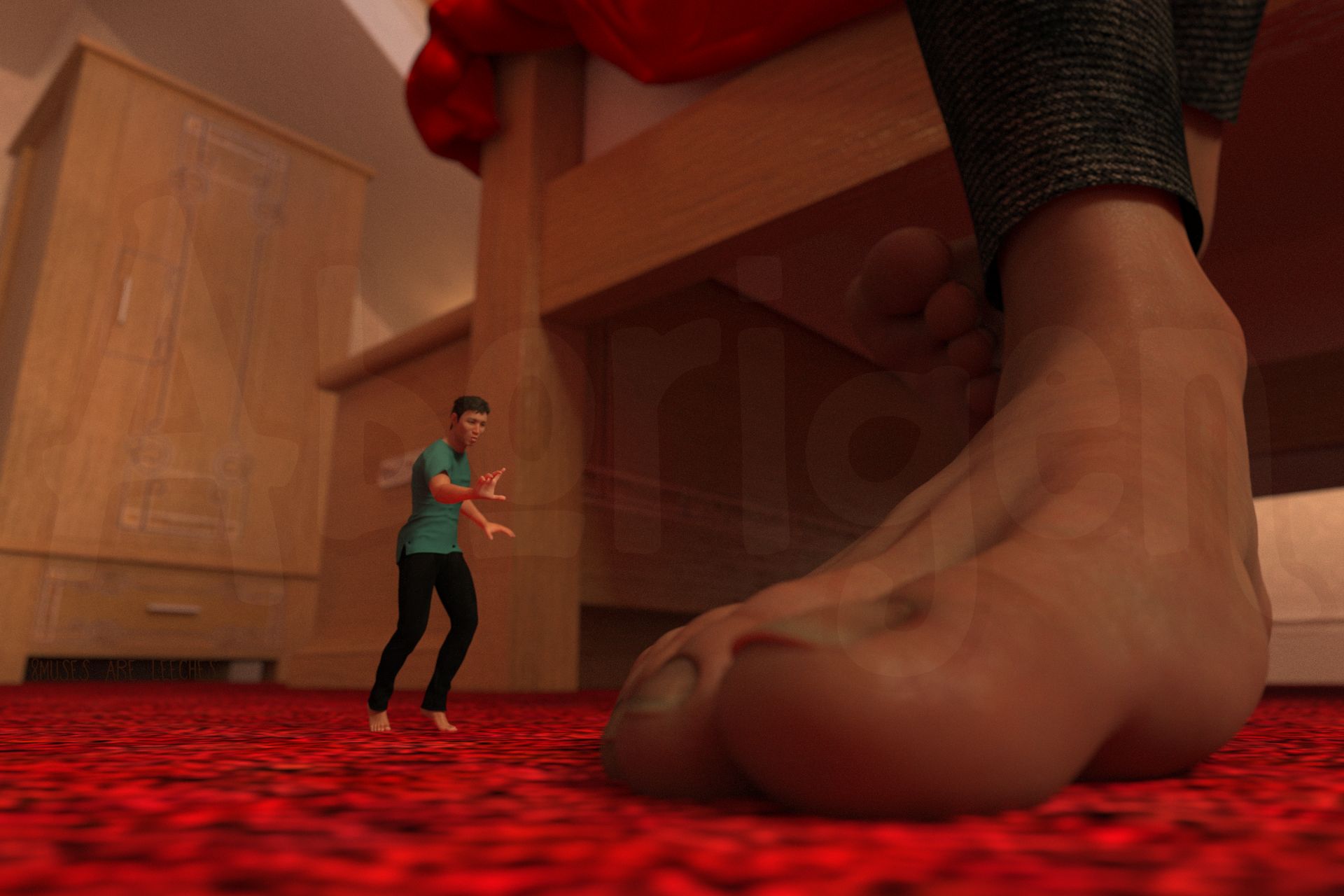 Close-up shot of the tiny man reaching out tentatively to her gigantic foot. Her huge toes are blurry in the foreground as he edges closer on tiptoe.