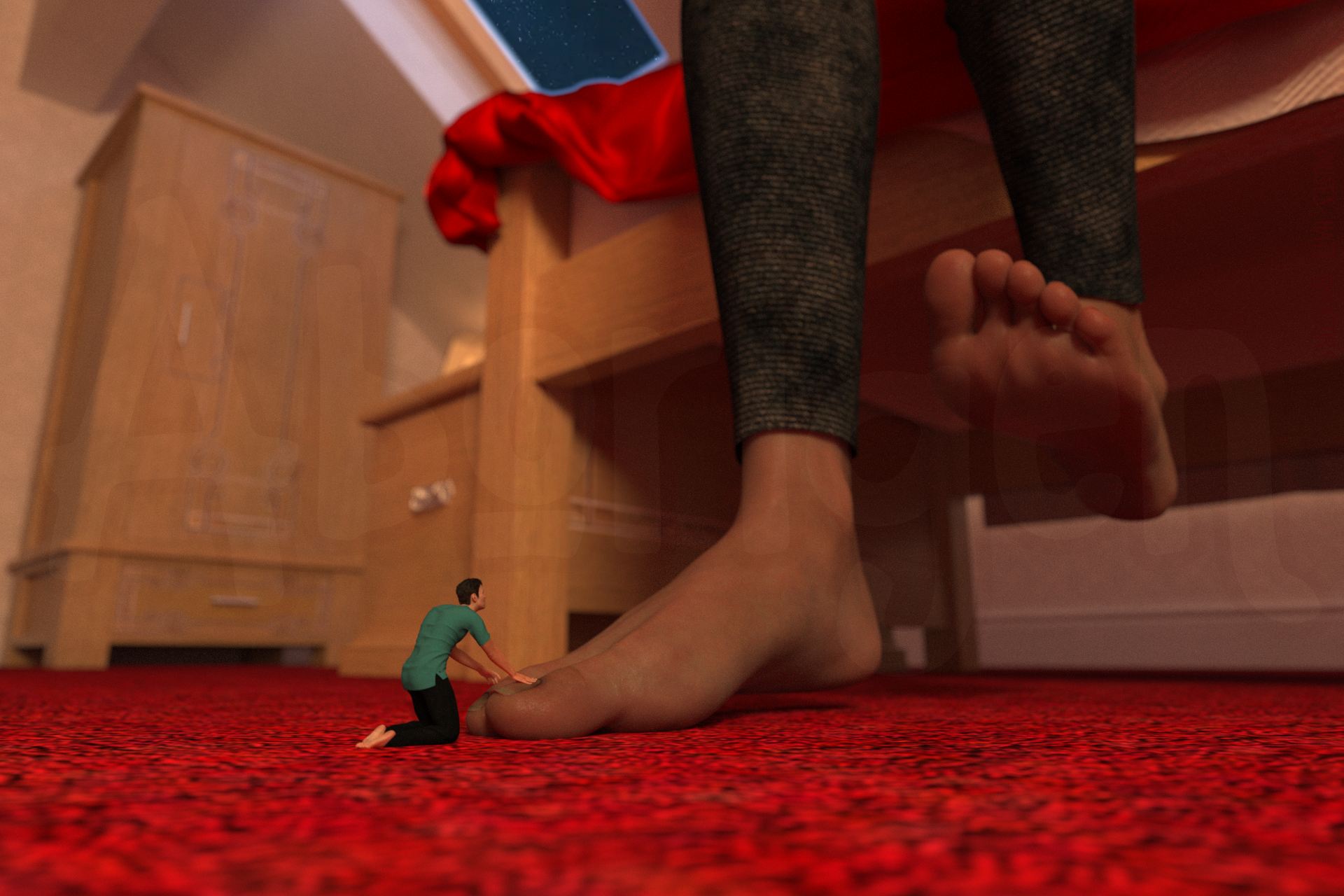 Close-up of the tiny man from behind his back. The woman's other foot lifts in surprise, but the toe he touches hasn't moved.