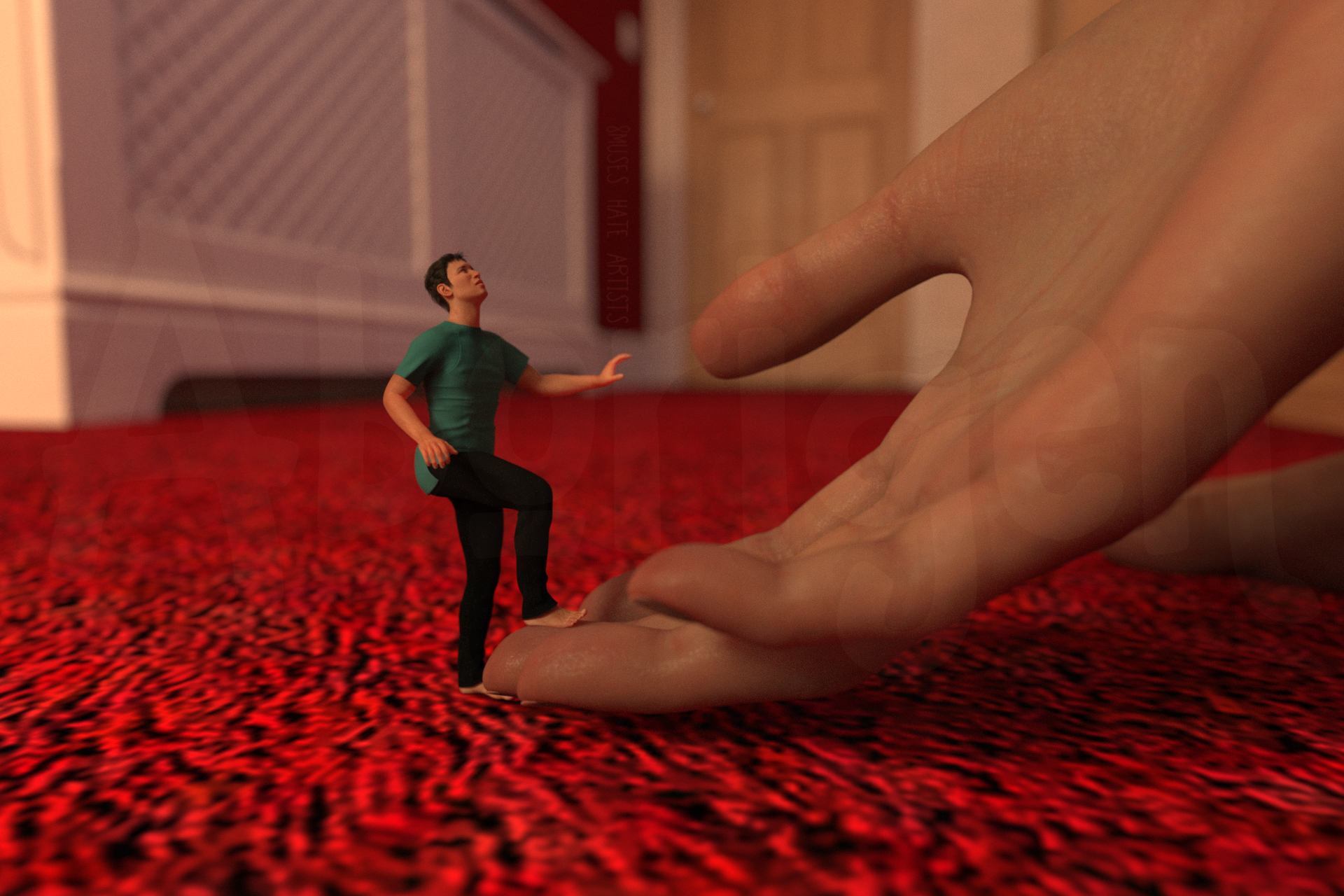 Close-up of the tiny man looking up at the woman and stepping into her hand. Her huge hand reaches down from off-camera, and his bare foot steps onto the tip of her middle finger.