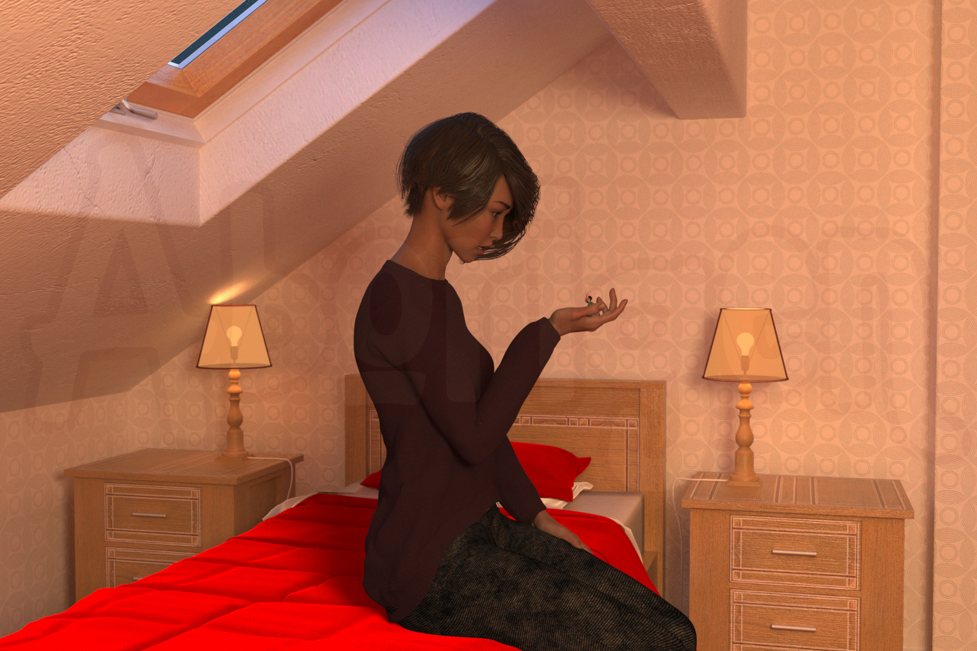 The woman sits on her bed, holding the tiny man in her hand, staring at him in confusion and surprise.