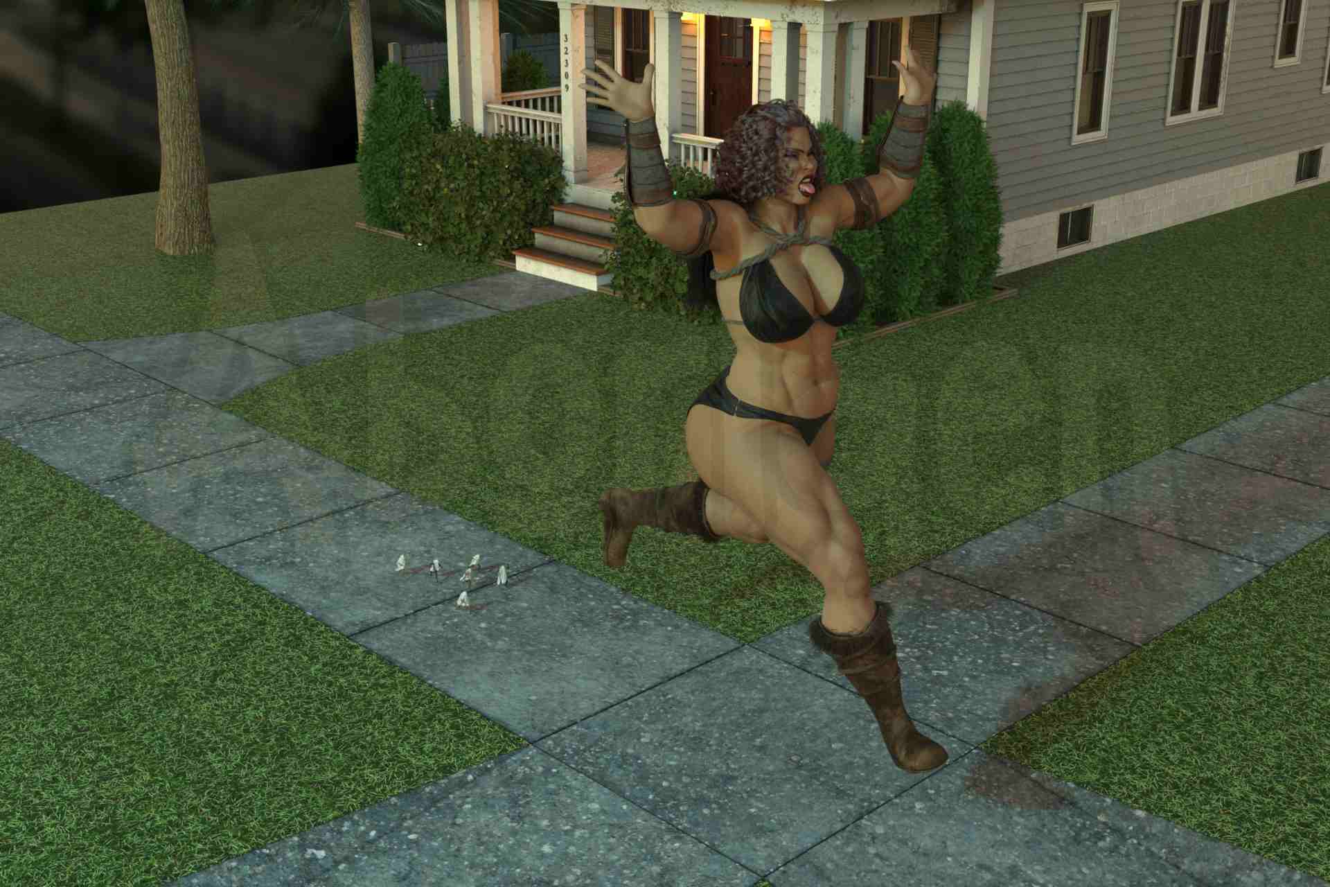 In the suburban setting, the barbarian titaness runs away, screaming and waving her arms, from six tiny pale figures on the sidewalk.