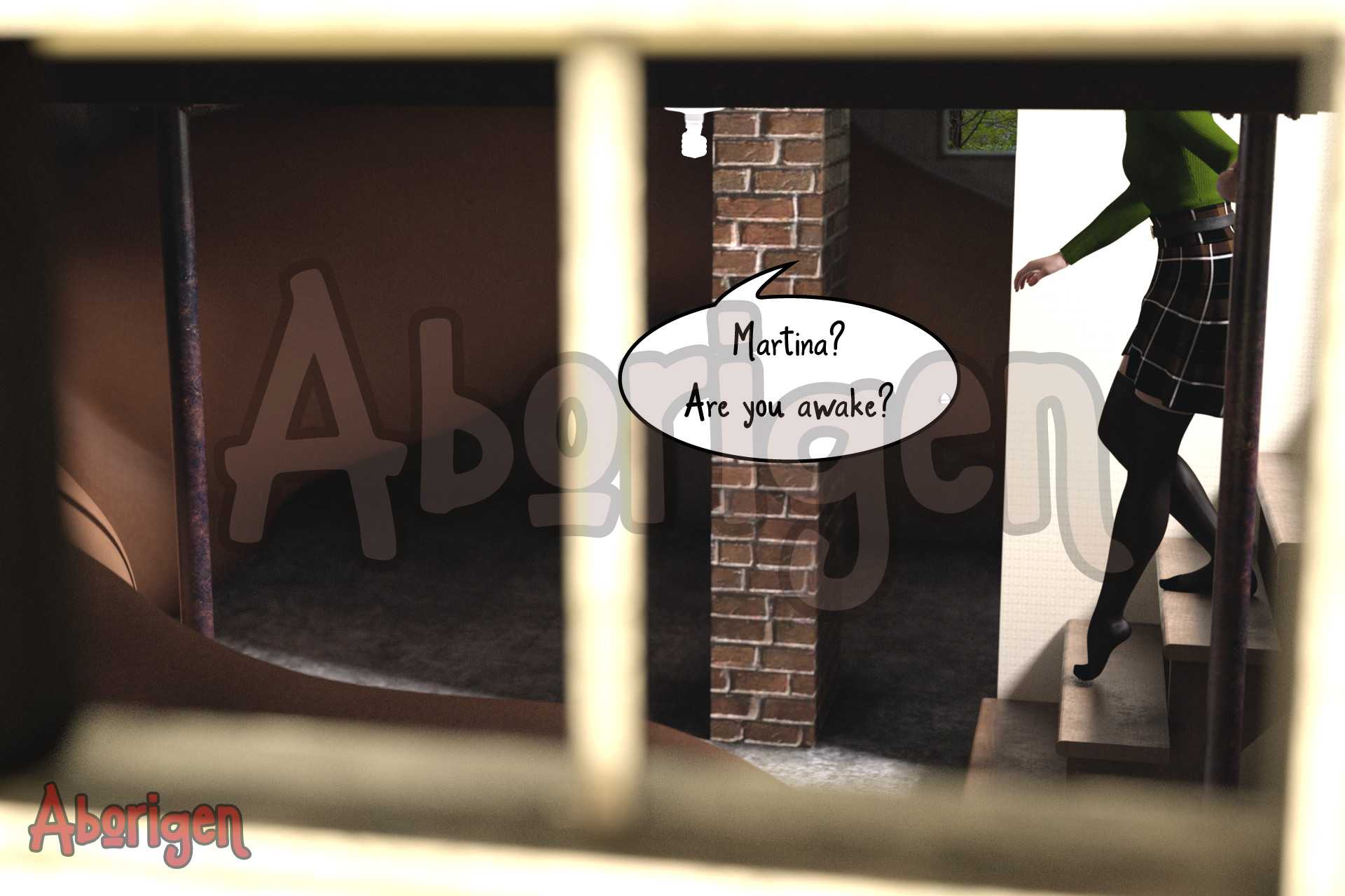 Charlie walks downstairs into a dark basement. She's wearing a nice green sweater and plaid wool skirt with dark tights. We see something large and fleshy in the basement but it's hard to tell what. Charlie says, Martina? Are you awake?