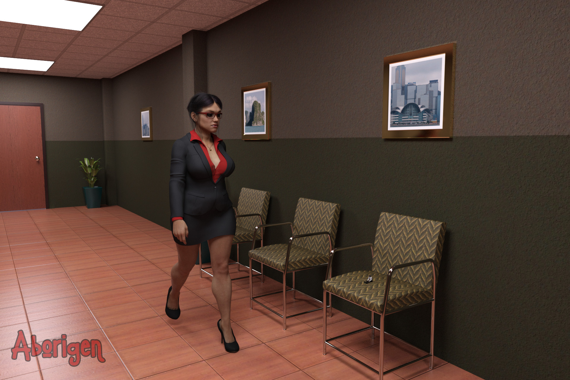 A stern woman in a black suit with red blouse and short skirt walks up the hallway of a corporate office, before three chairs. There's a tiny figure on the third chair.