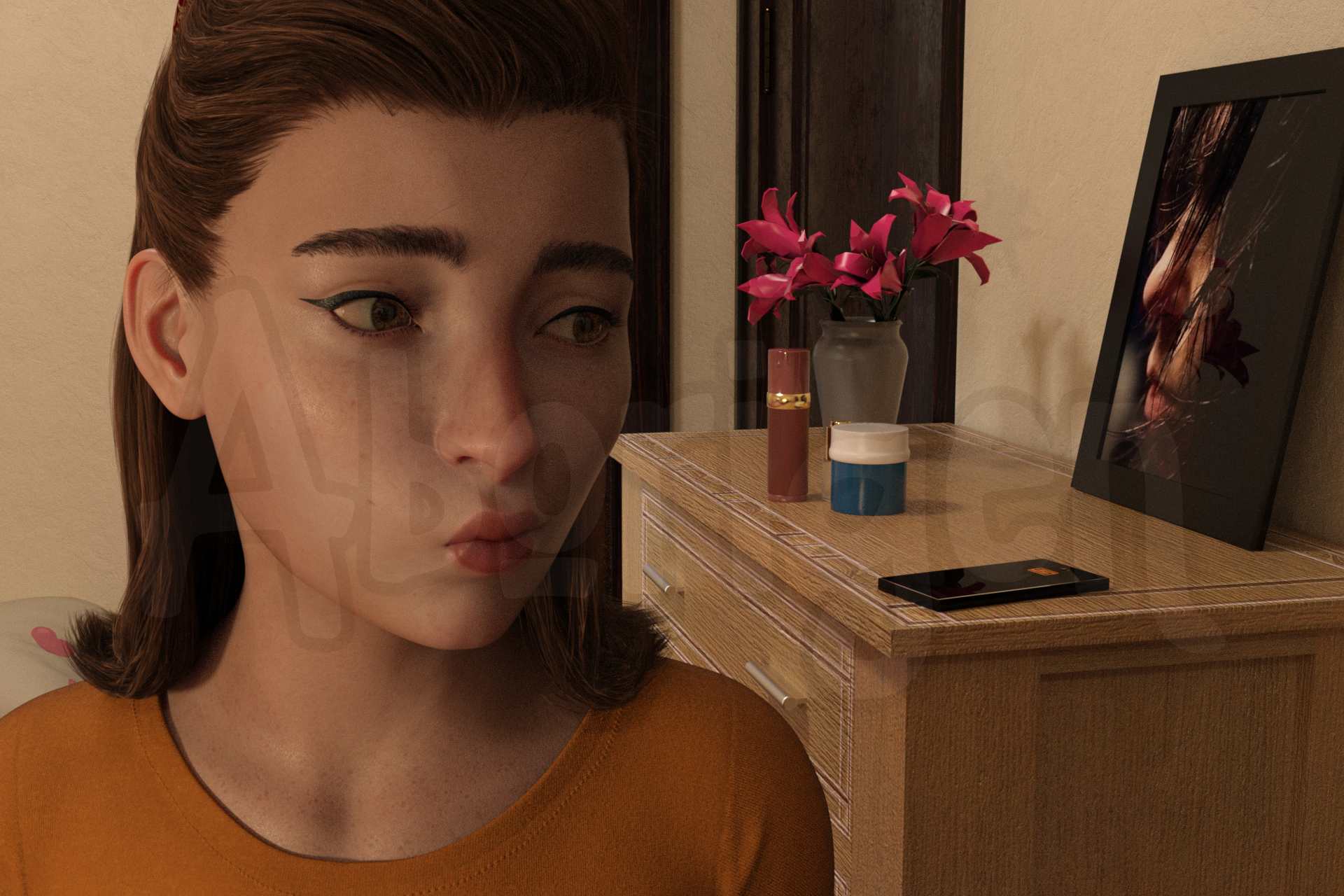 Close-up of the woman's face. Her lips are pursed and she looks back without much hope at the inert phone on the dresser.