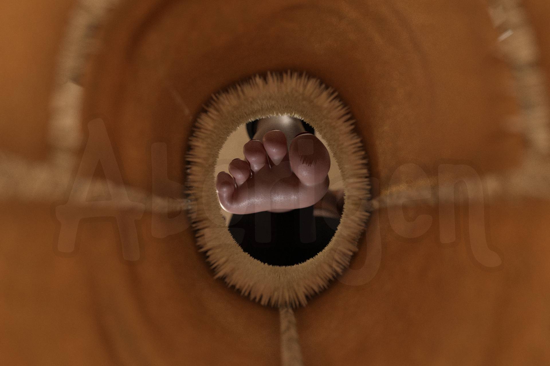 POV from within the boot: her cute toes are ominously underlit as her foot passes through the cuff of the boot.