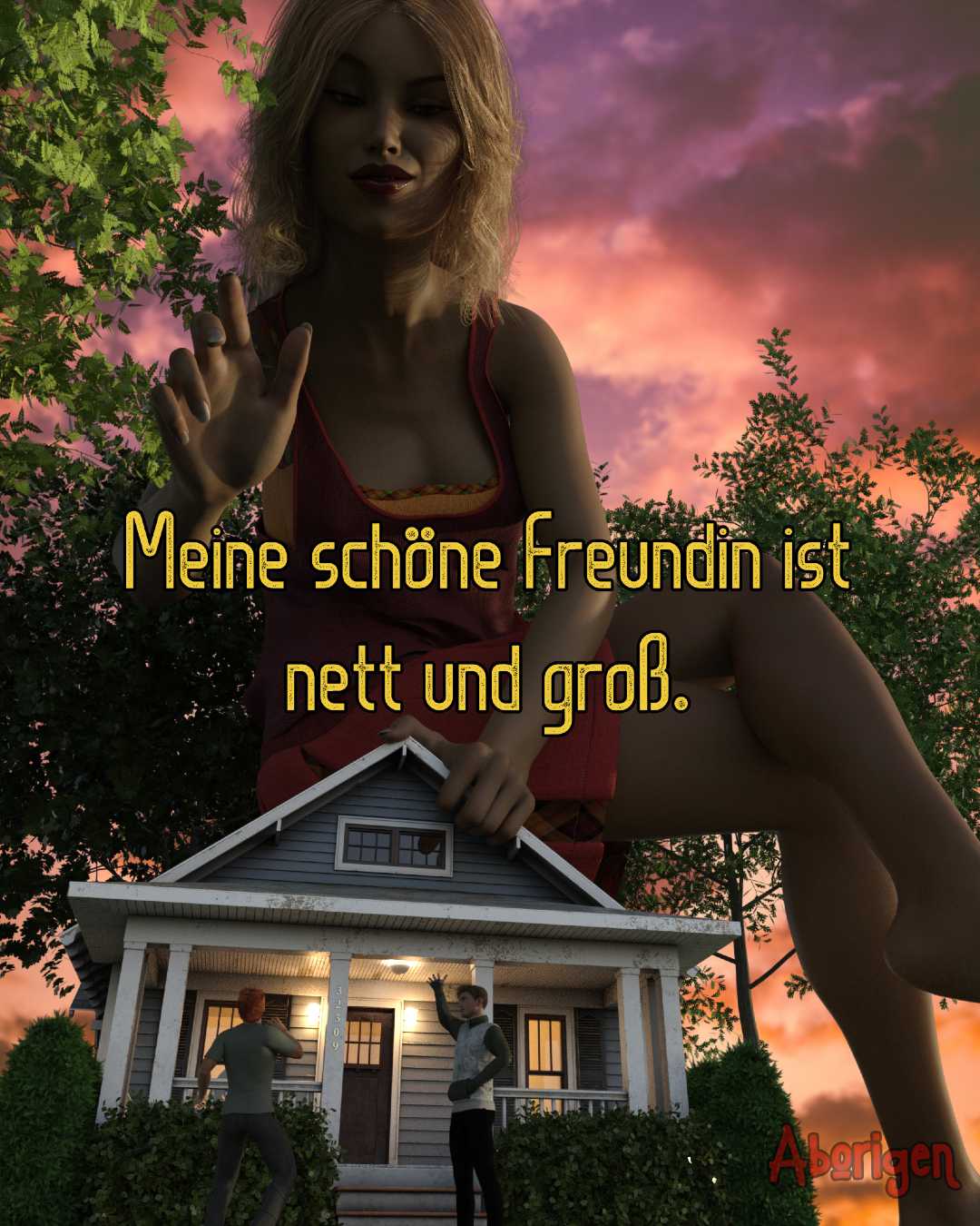 A blonde woman in a red dress perches upon a house. In front of the house, a man is talking to a neighbor, gesturing up at her. The superscript says, 