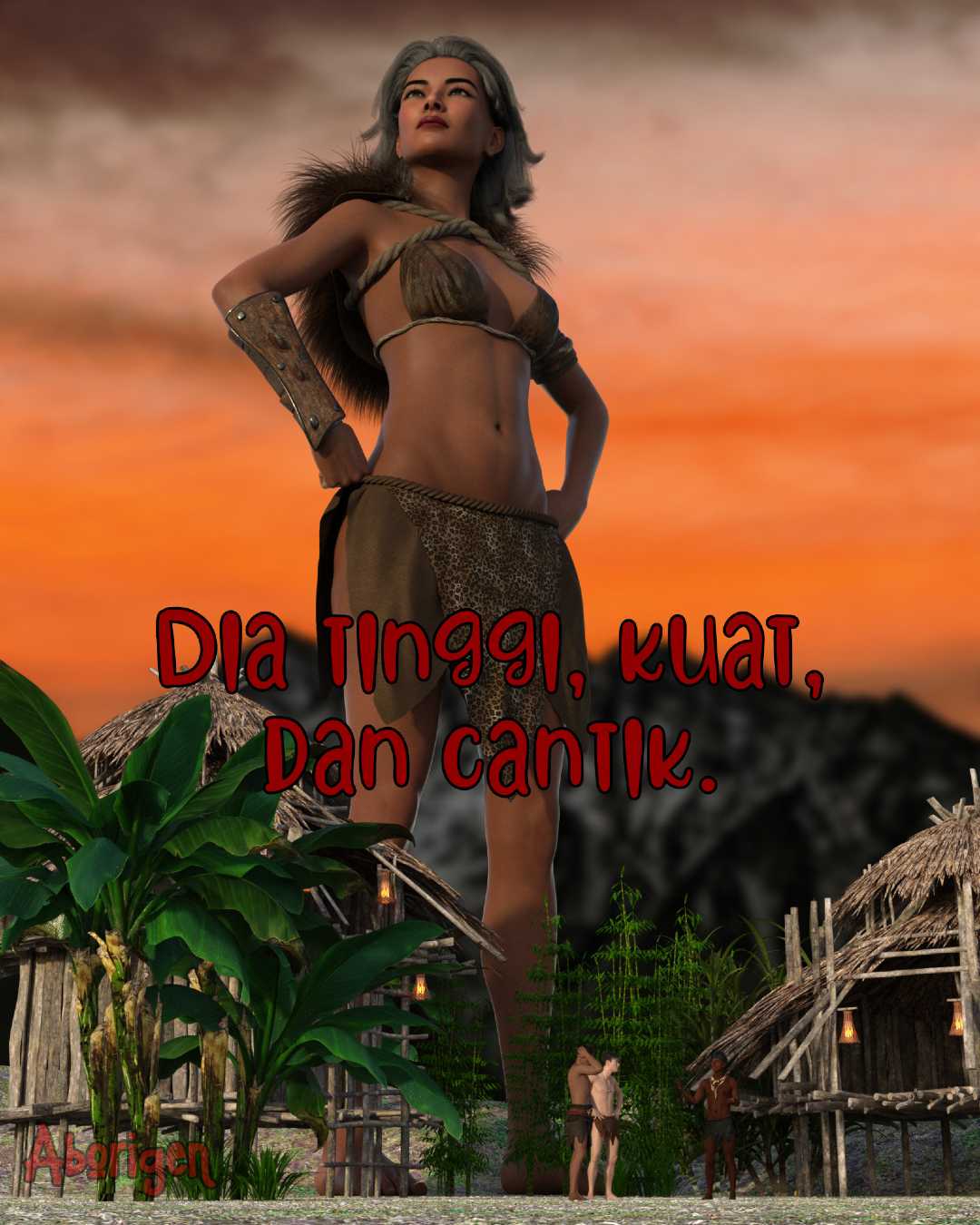 Villagers confer among reed huts, bamboo, and banana trees. They stand near the feet of a gigantic woman dressed in animal skins for a loincloth and bra. She gazes heroically over the horizon, arms akimbo. The superscript says, 