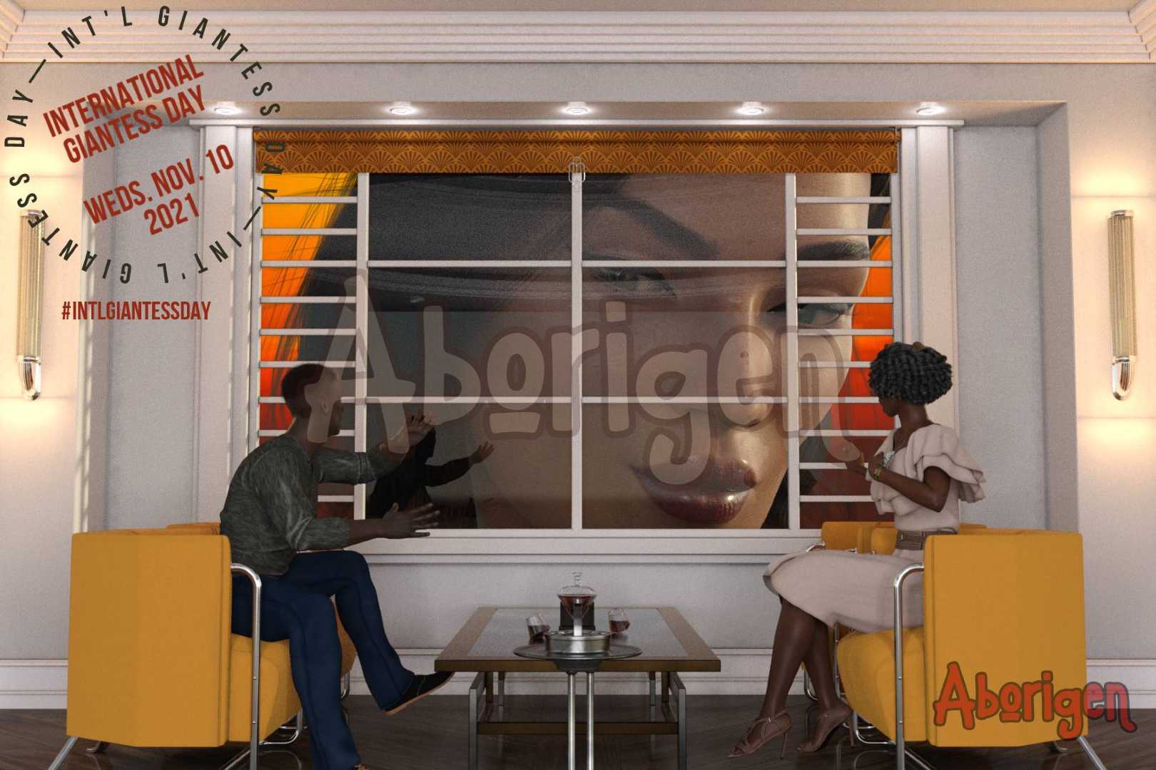 A Black couple is having cocktails in an elegant lounge. They are startled to look out the huge window beside them, which is filled by a gigantic white woman's face. She is smirking at the man as if he has caught her interest. A logo in the corner says International Giantess Day, November 10, 2021.