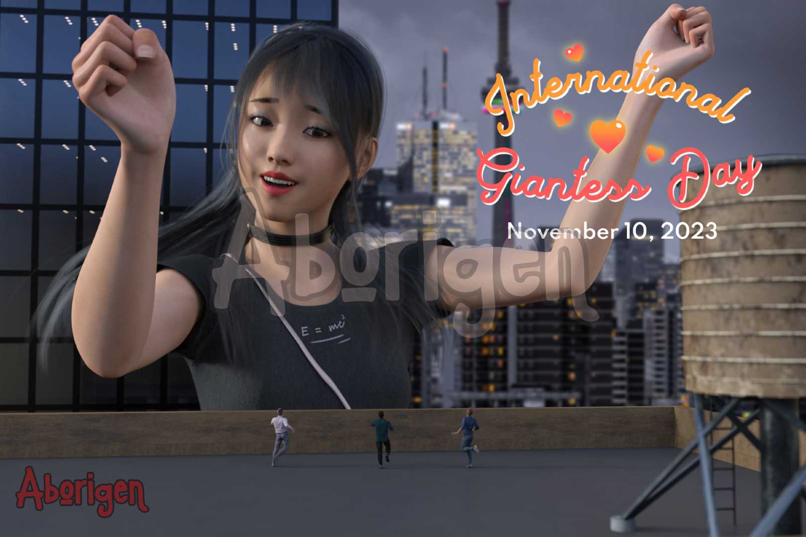 Three men are dancing on the roof of a skyscraper. In front of them, a young Asian giantess dances next to their building, visible from the chest up. She smiles, waving her arms to the music, and is wearing a choker and charcoal gray babytoll tee that says E=mc2. There is a taller skyscraper behind her, and the city is blurry in the distance behind her. A logo in the corner says International Giantess Day, November 10, 2023.