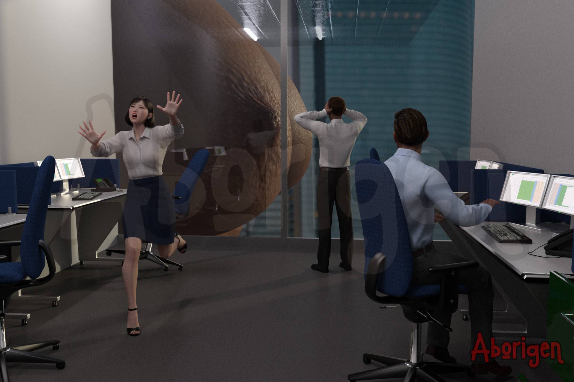 Interior shot from an office in a skyscraper. A woman runs screaming away from the floor-to-ceiling windows, one man stands at the windows holding his head in shock, and another man turns from his computer to look out the windows. Outside is a gigantic pair of breasts coming into view, taking up most of the windows.