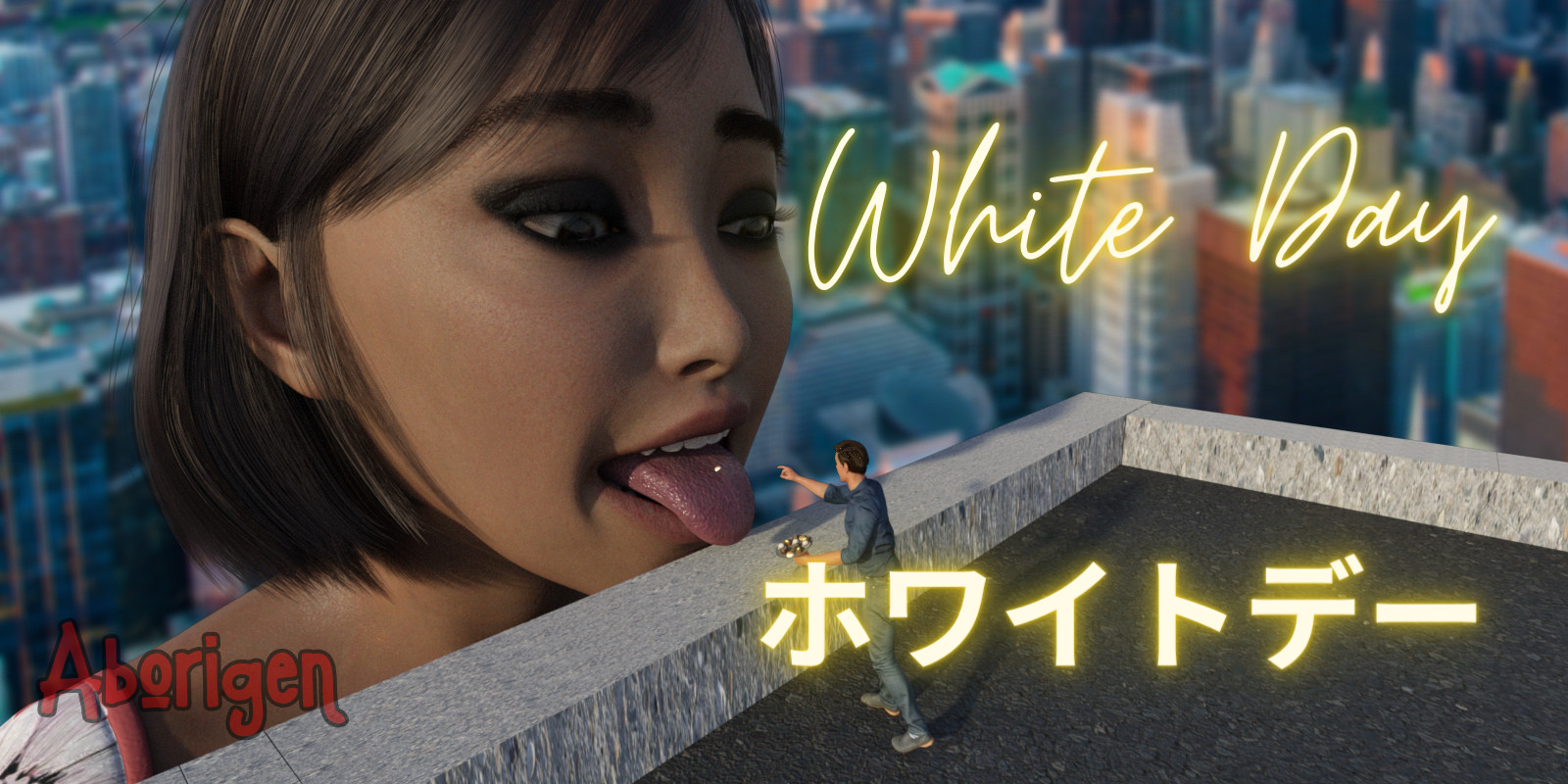 A normal-sized man stands on the roof of a building. A giantess's head peeks over the edge of the building and she opens her mouth and sticks out her tongue. The man is throwing chocolates into her mouth.